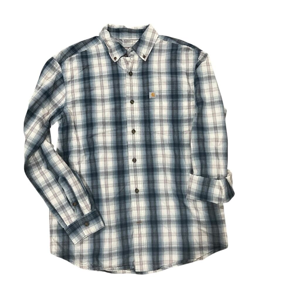Carhartt Mens Size Medium Relaxed Fit Blue White Long Sleeve Button Down Shirt